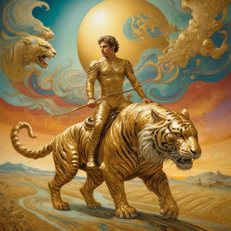 20240128_212919 fantasy Expressionism xlmrblng36-500 a mature gold-toned Spanish male gymnast riding a armored tiger in a prairie landscape, tor 1388584439 c=7 40 0.4 DPM++ 2M Karras crystalClearXL_ccxl.jpg